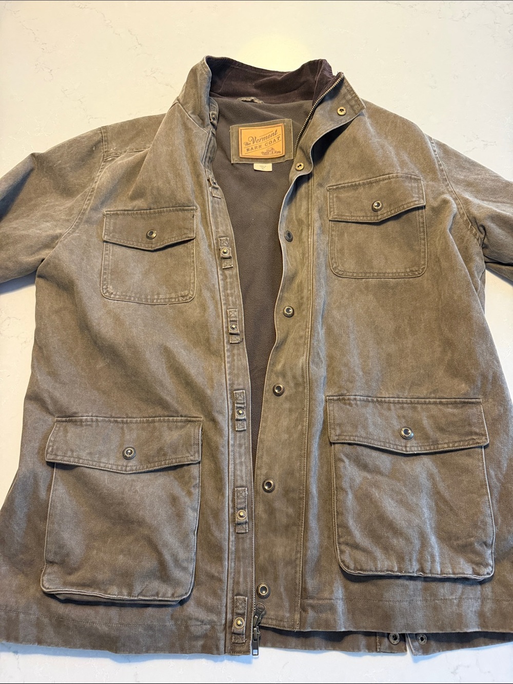 The Vermont Barn Coat - olive cotton and fleece Barn Coat - worn three times